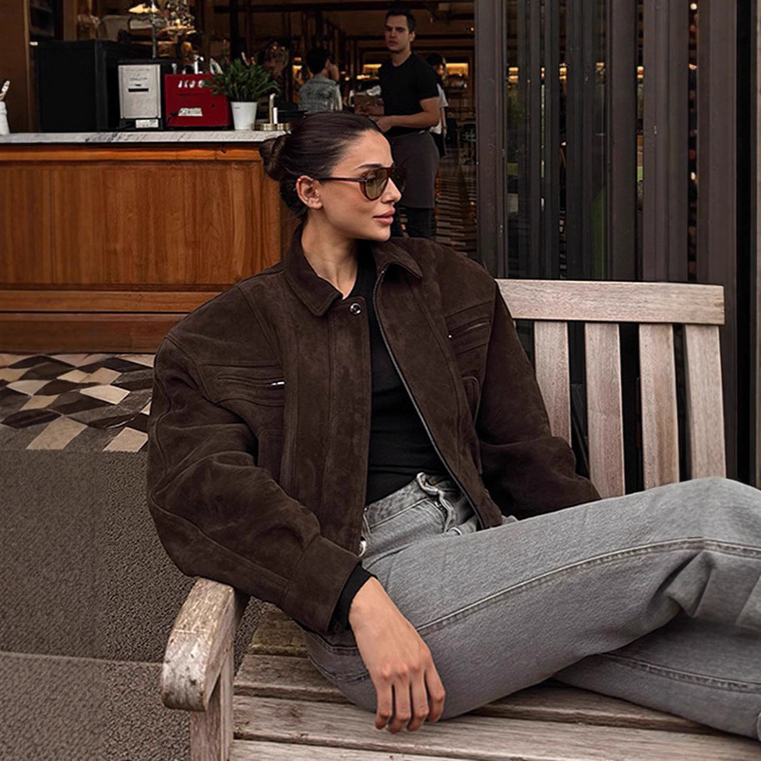 Lune London Women's Suede Bomber Jacket with Voluminous Sleeves