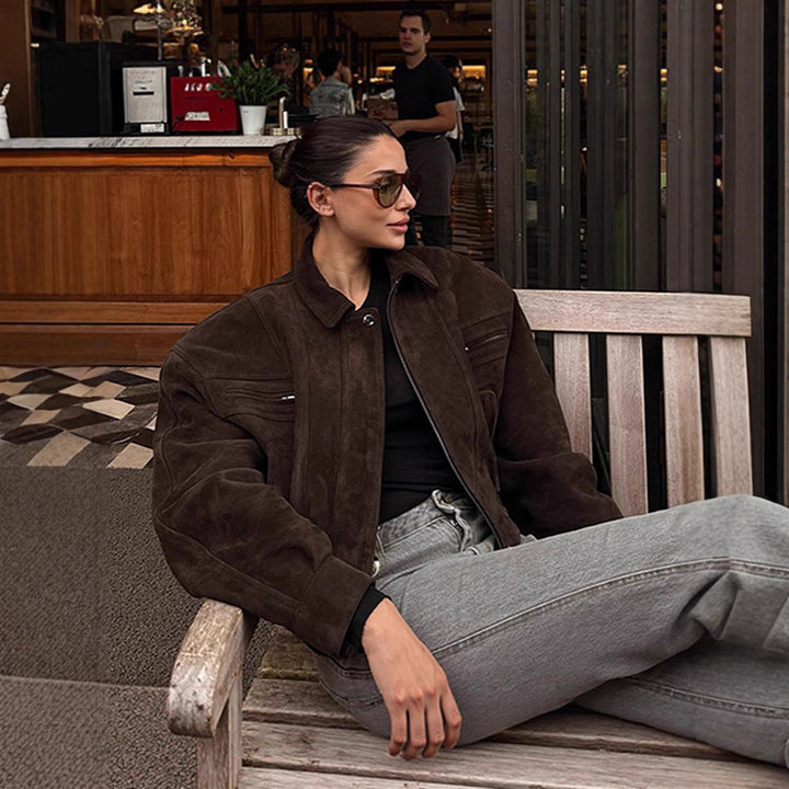 Lune London Women's Suede Bomber Jacket with Voluminous Sleeves