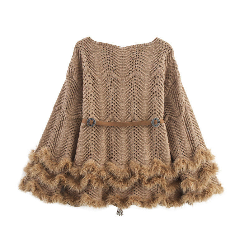 Ladies elegant cardigan with decorative belt and fur finish Lune London