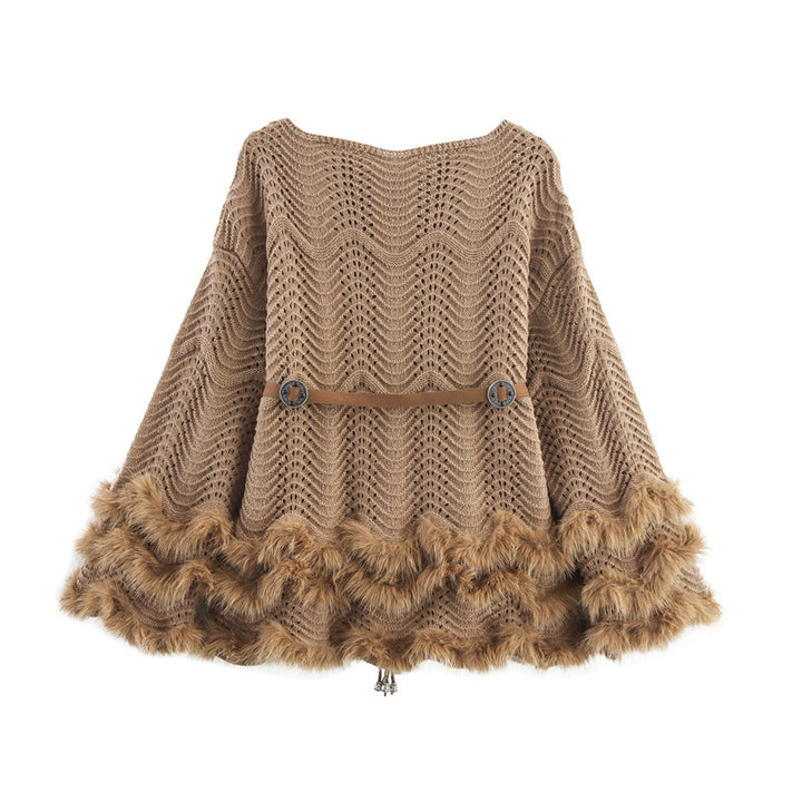 Ladies elegant cardigan with decorative belt and fur finish Lune London