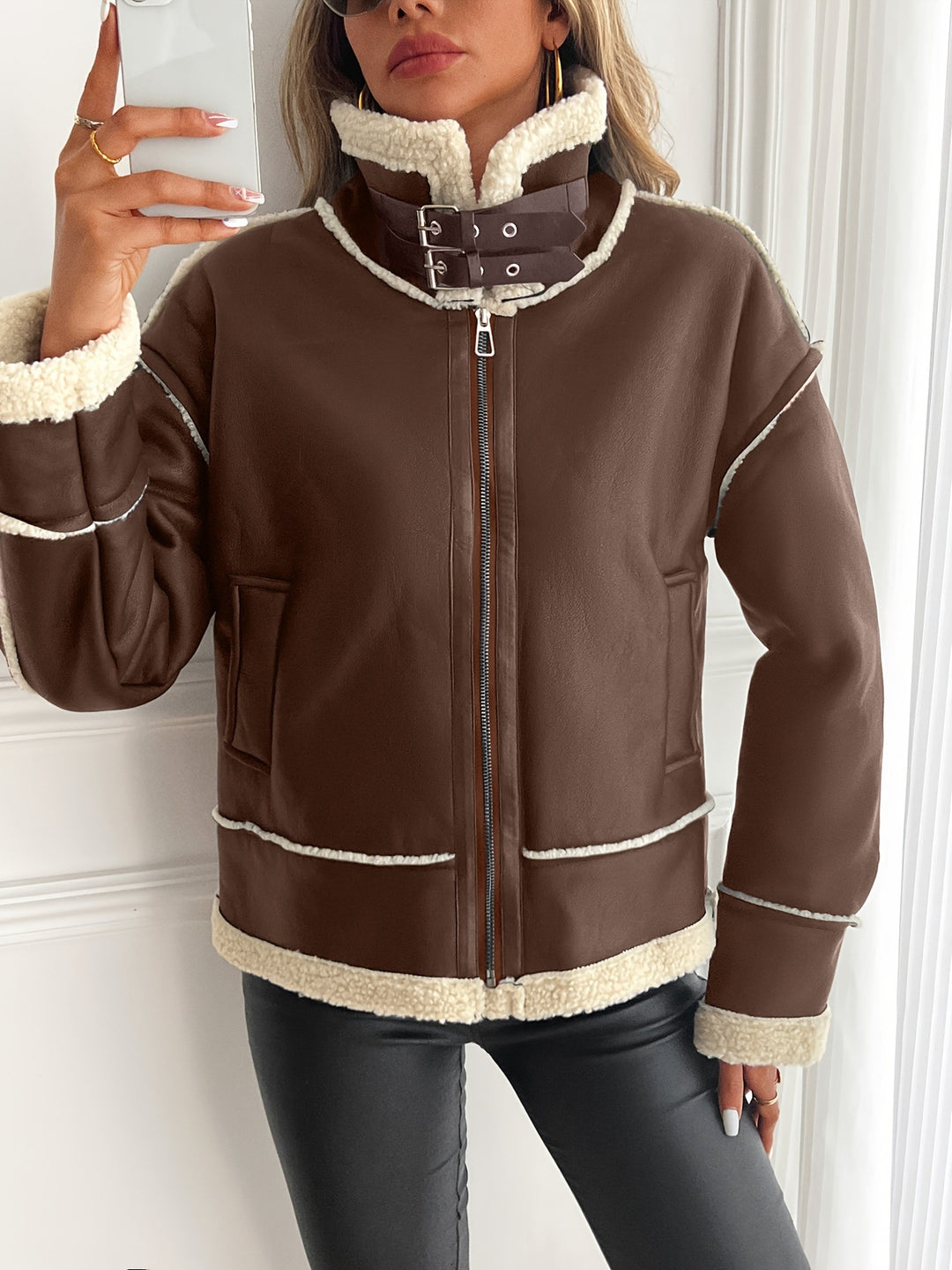 Stylish faux leather jacket for women with sheepskin collar Lune London