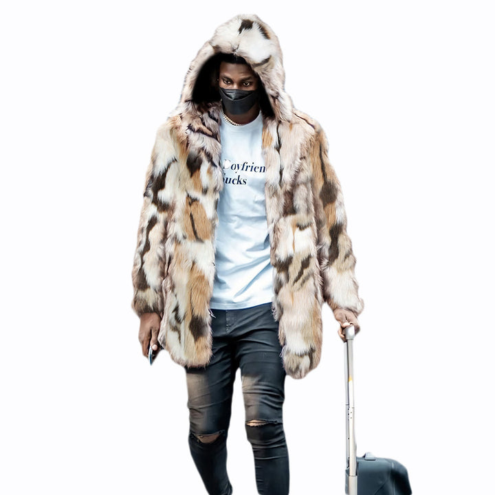 Trendy faux fur coat for men with hood and distinctive pattern Lune London