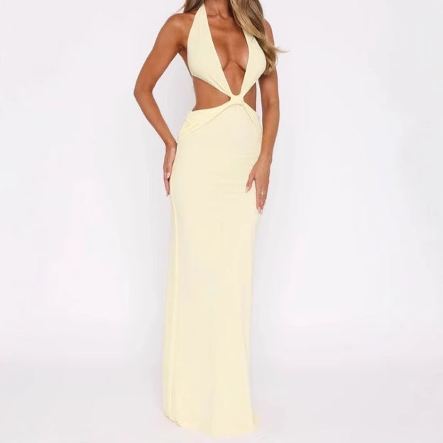 Luxury maxi dress for ladies with deep V-neck and bold cut-out details Lune London