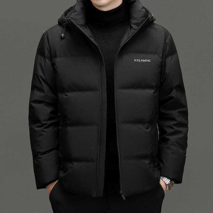 Warm padded jacket for men with practical hood and innovative insulation Lune London