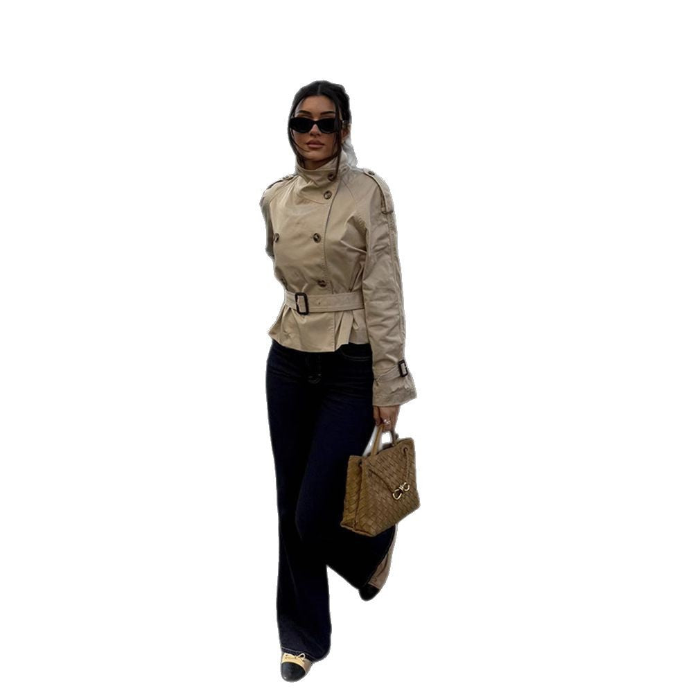 Women's trench coat with a belted waist and decorative button details Lune London