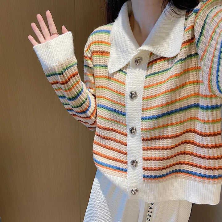 Striped knit jacket for women with stylish collar and shiny buttons Lune London