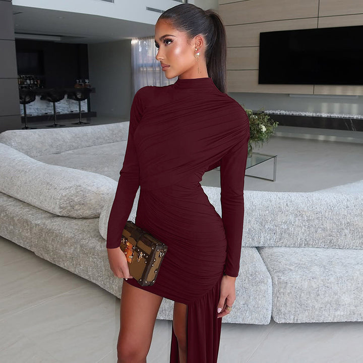 Sculptural mini dress for women with asymmetric skirt and elegant high collar Lune London