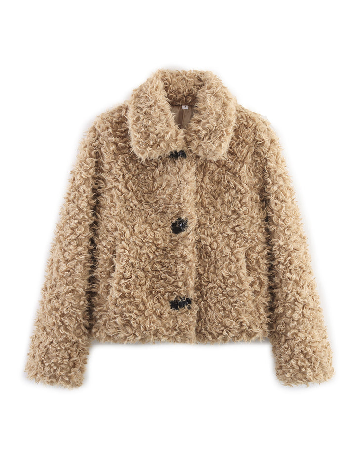 Ladies casual cozy jacket with oversized collar and button details Lune London