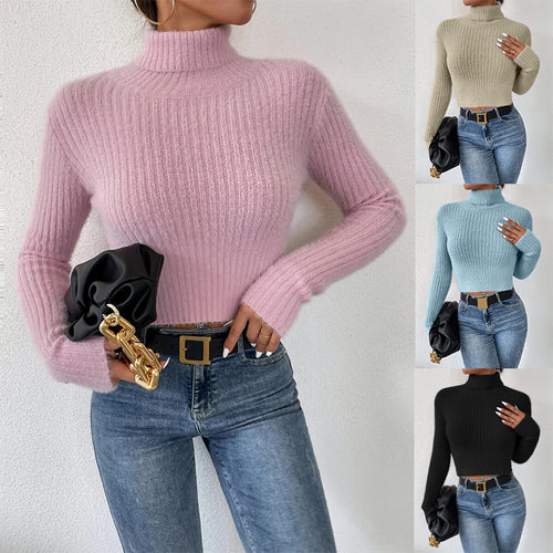 Ladies fine knit sweater with high collar and modern ribbed design Lune London