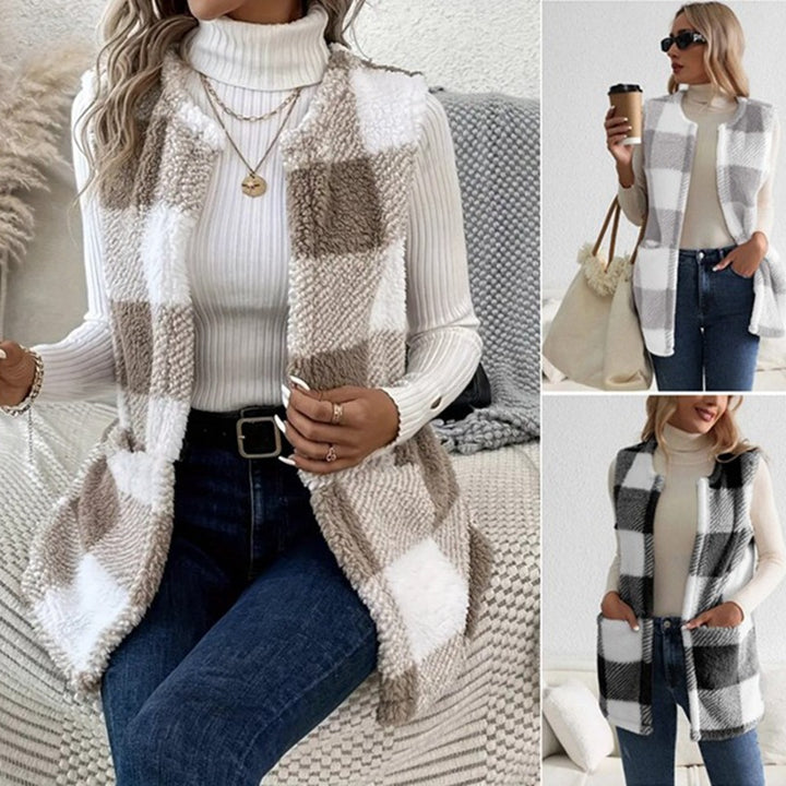 Ladies soft vest with side pockets and modern check pattern Lune London
