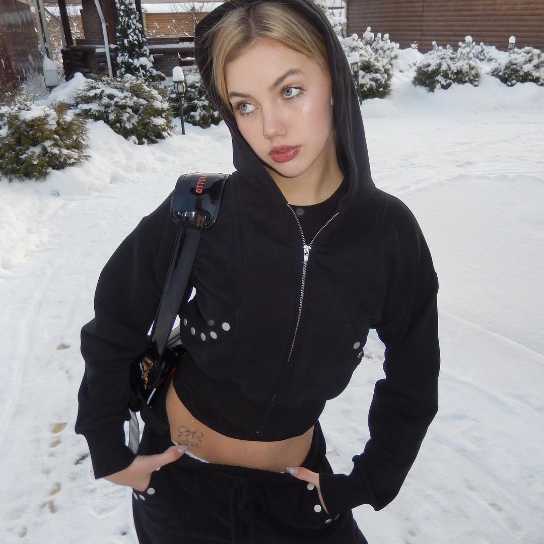 Ladies sweat-crop hoodie with innovative snap button details Lune London
