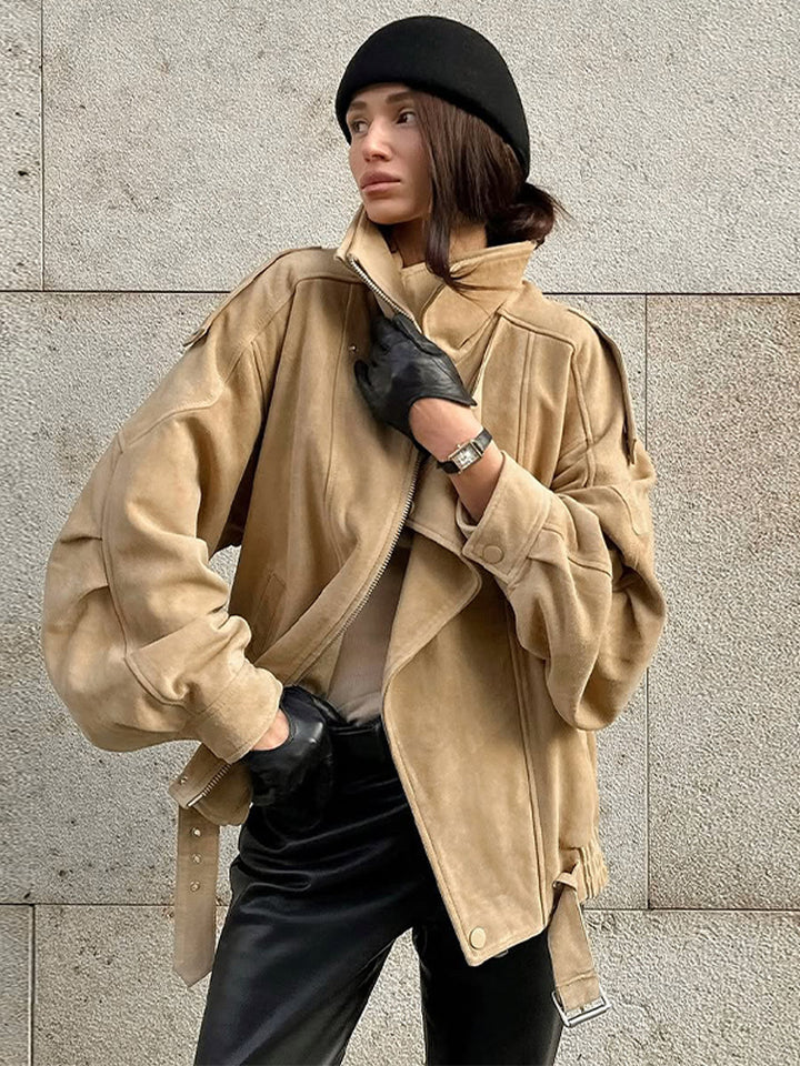 Lady Oversized Suede Jacket with Asymmetrical Cut and Chic Fashion Details
