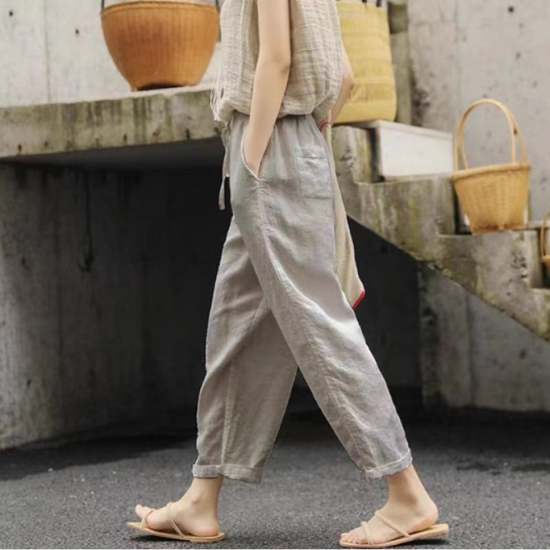 Lune London | Women Casual Linen Pants with Elastic Waistband and Side Pockets