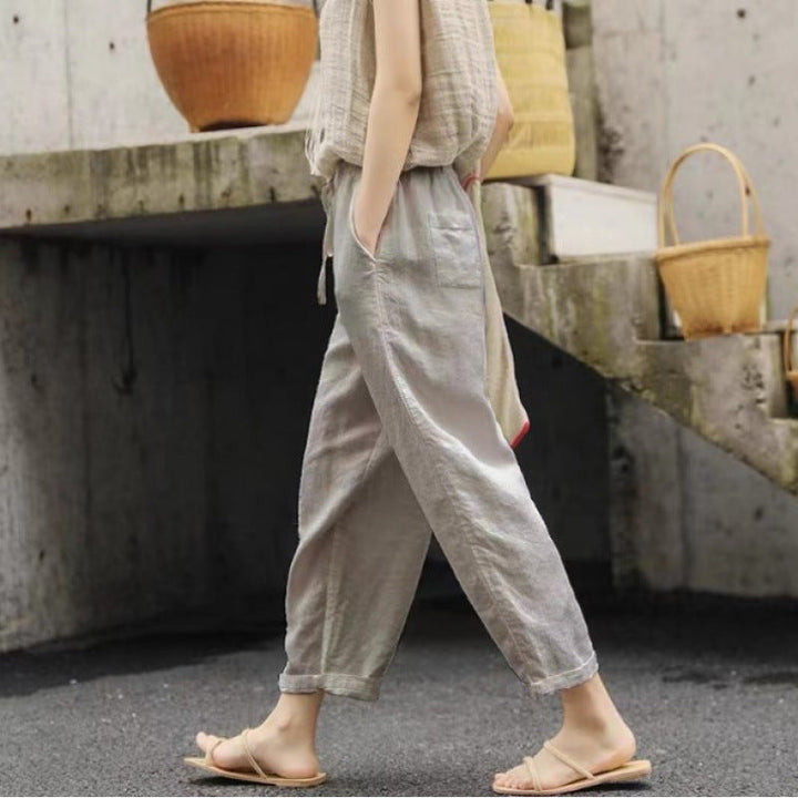Lune London | Women Casual Linen Pants with Elastic Waistband and Side Pockets