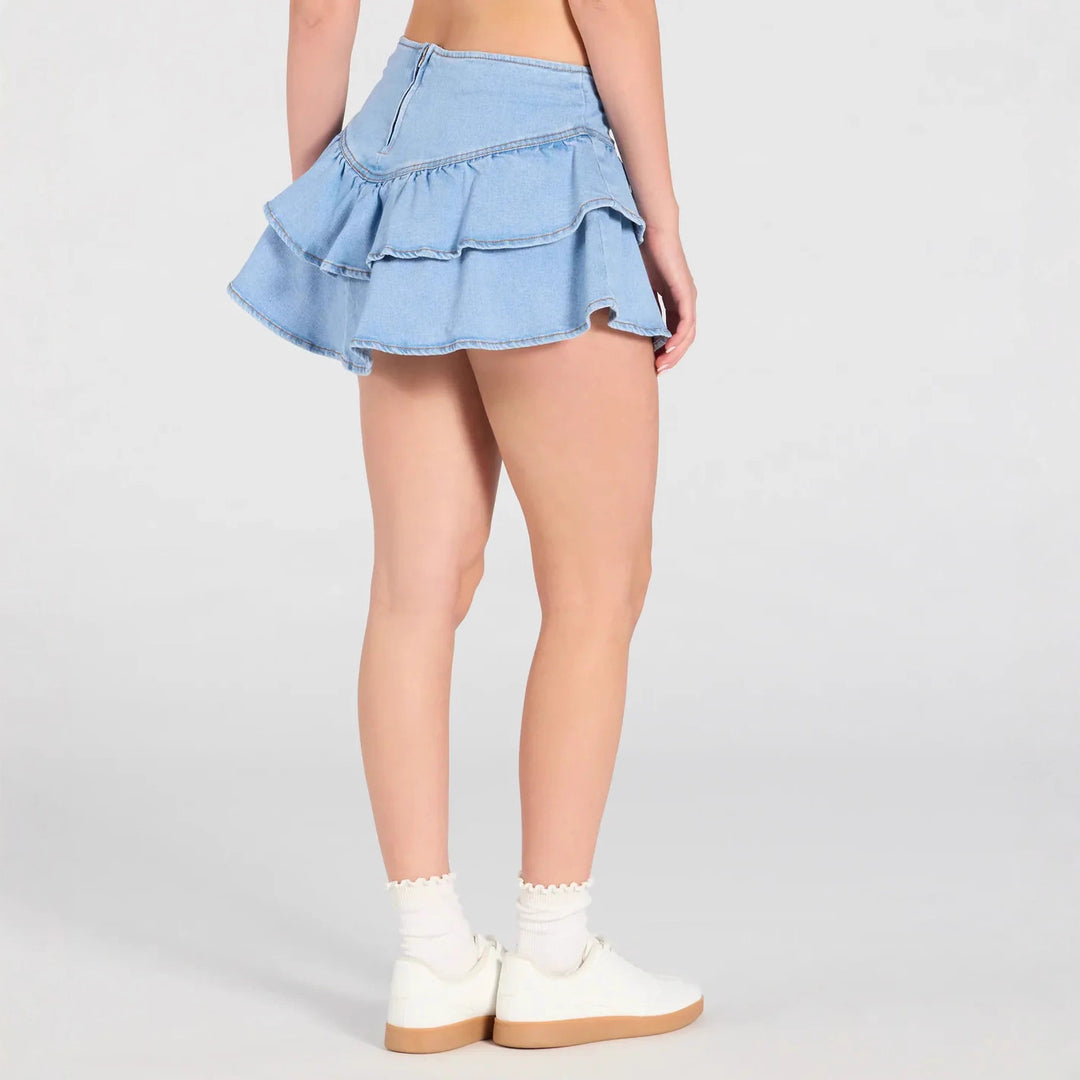 Denim skirt for women with decorative ruffles Lune London