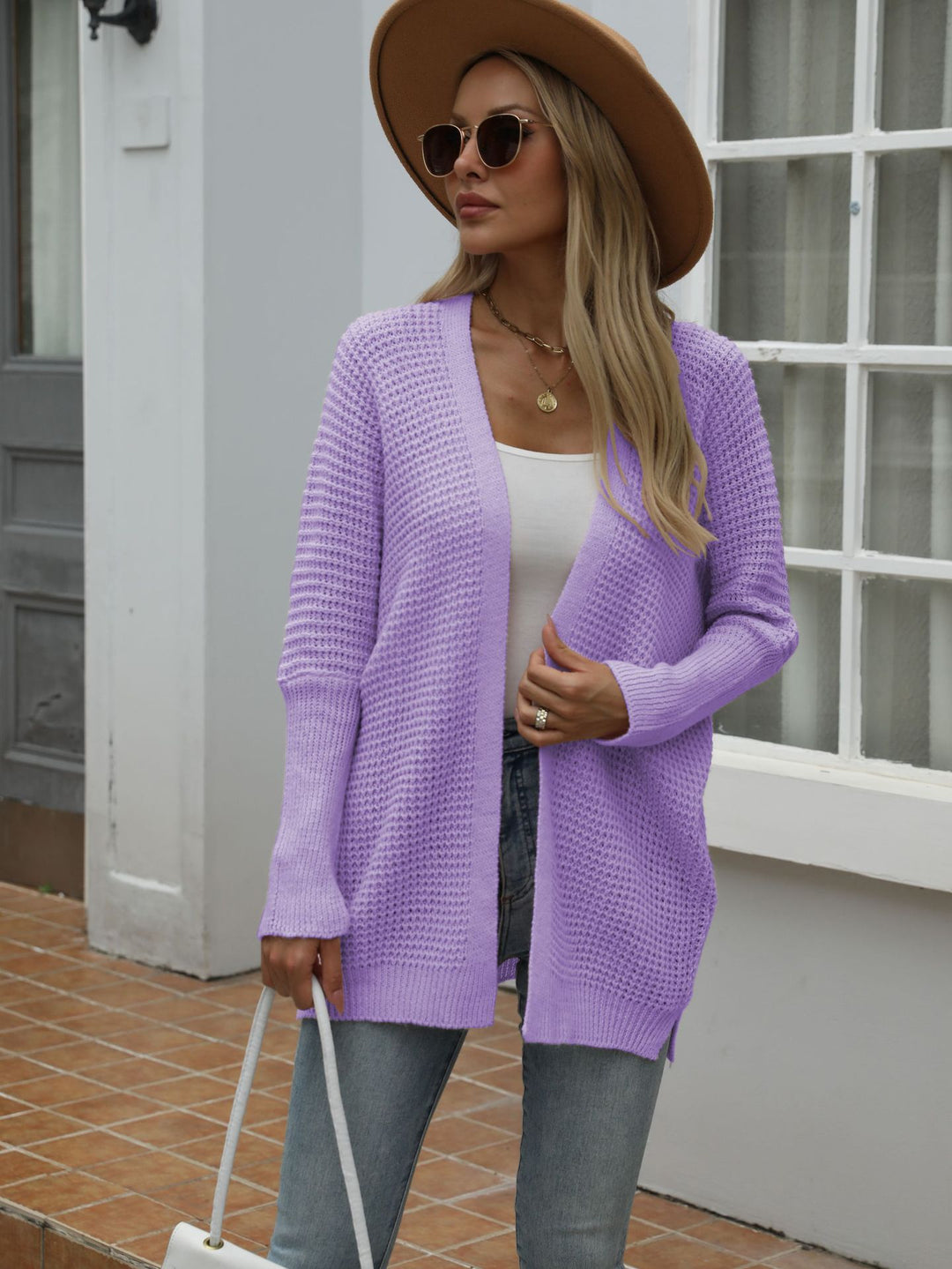 Ladies Large knit cardigan with modern honeycomb pattern and open cut Lune London