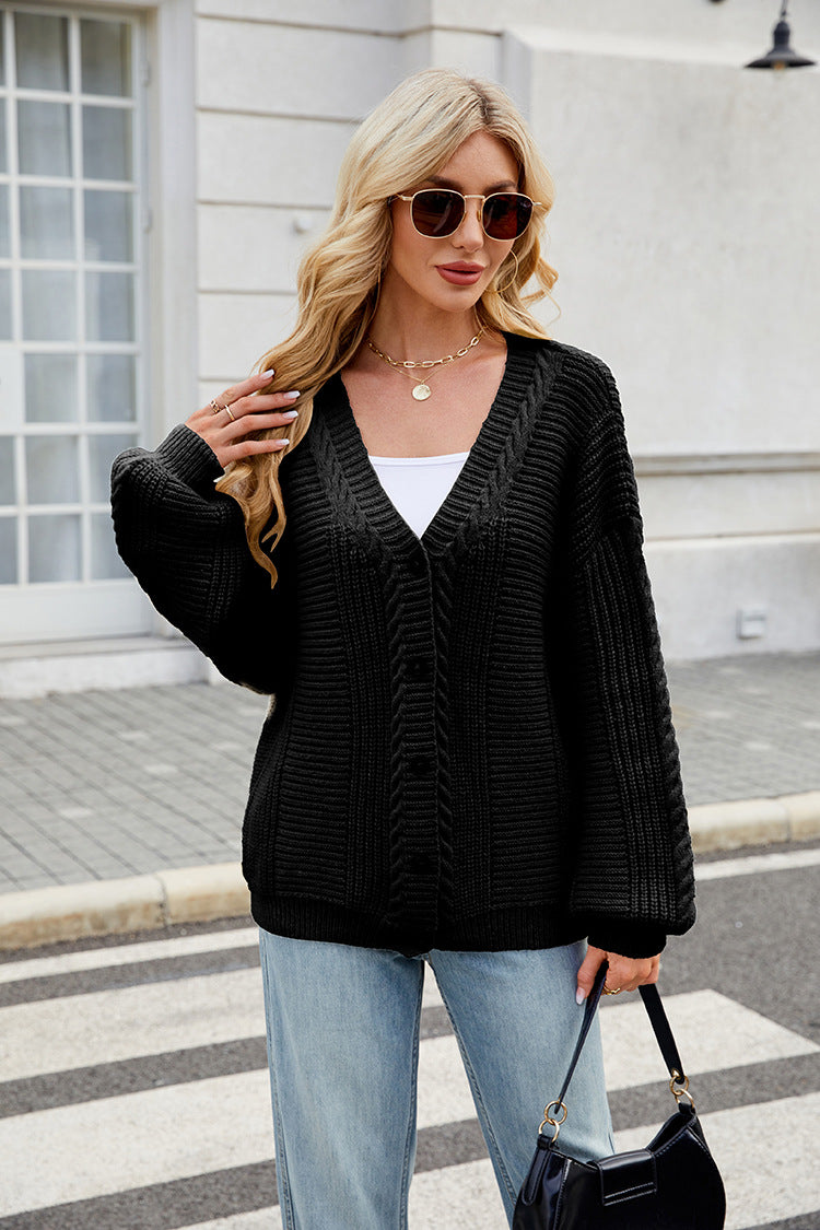 Ladies stylish knitted jacket with V-neck and button placket Lune London