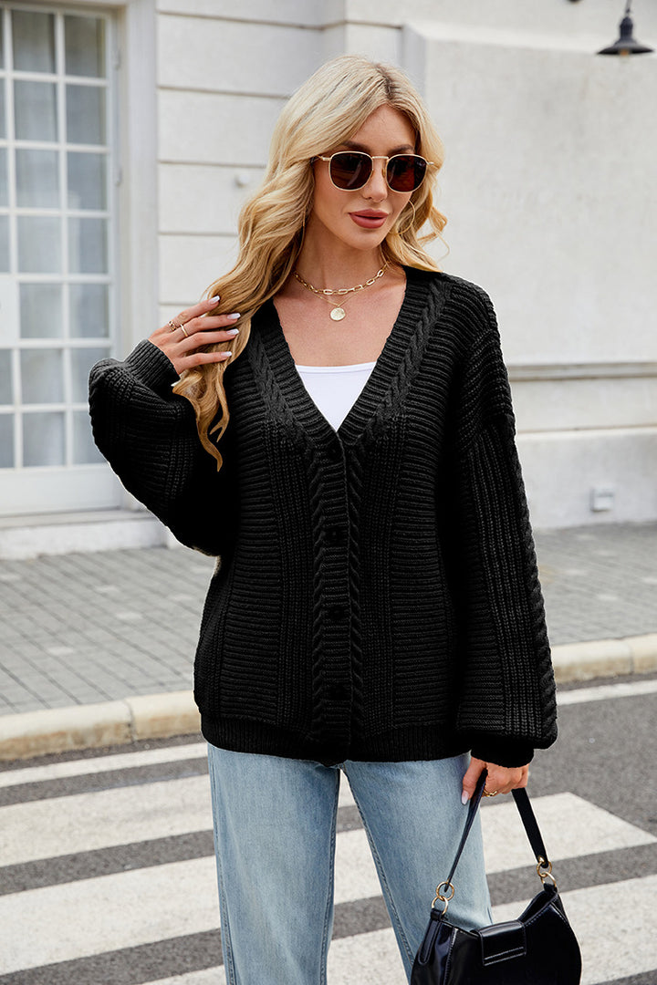 Ladies stylish knitted jacket with V-neck and button placket Lune London