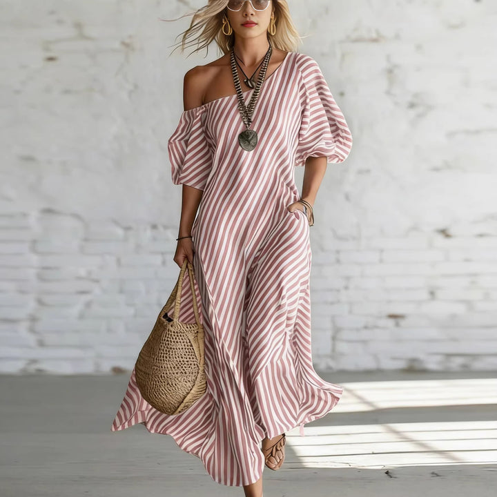 Women's maxi dress with asymmetric cut and striking stripes Lune London