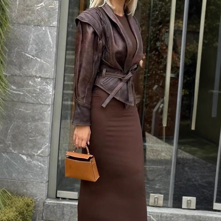 Designer leather blazer for women with belt and decorative lace details Lune London