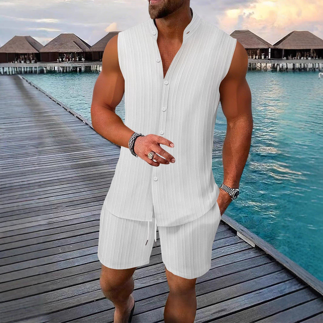 Men's casual sleeveless summer outfit living room Lune London
