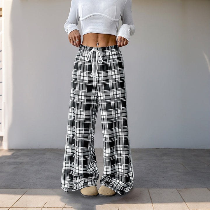 Lune London | Women's loose casual pants with checked pattern and adjustable waistband