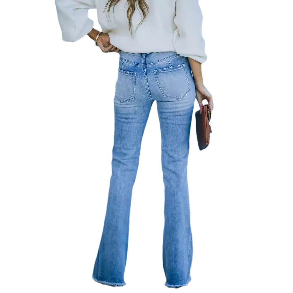 Jeans bootcut à taille haute et à ourlet effiloché pour femmes à coupe large Chic & Stil