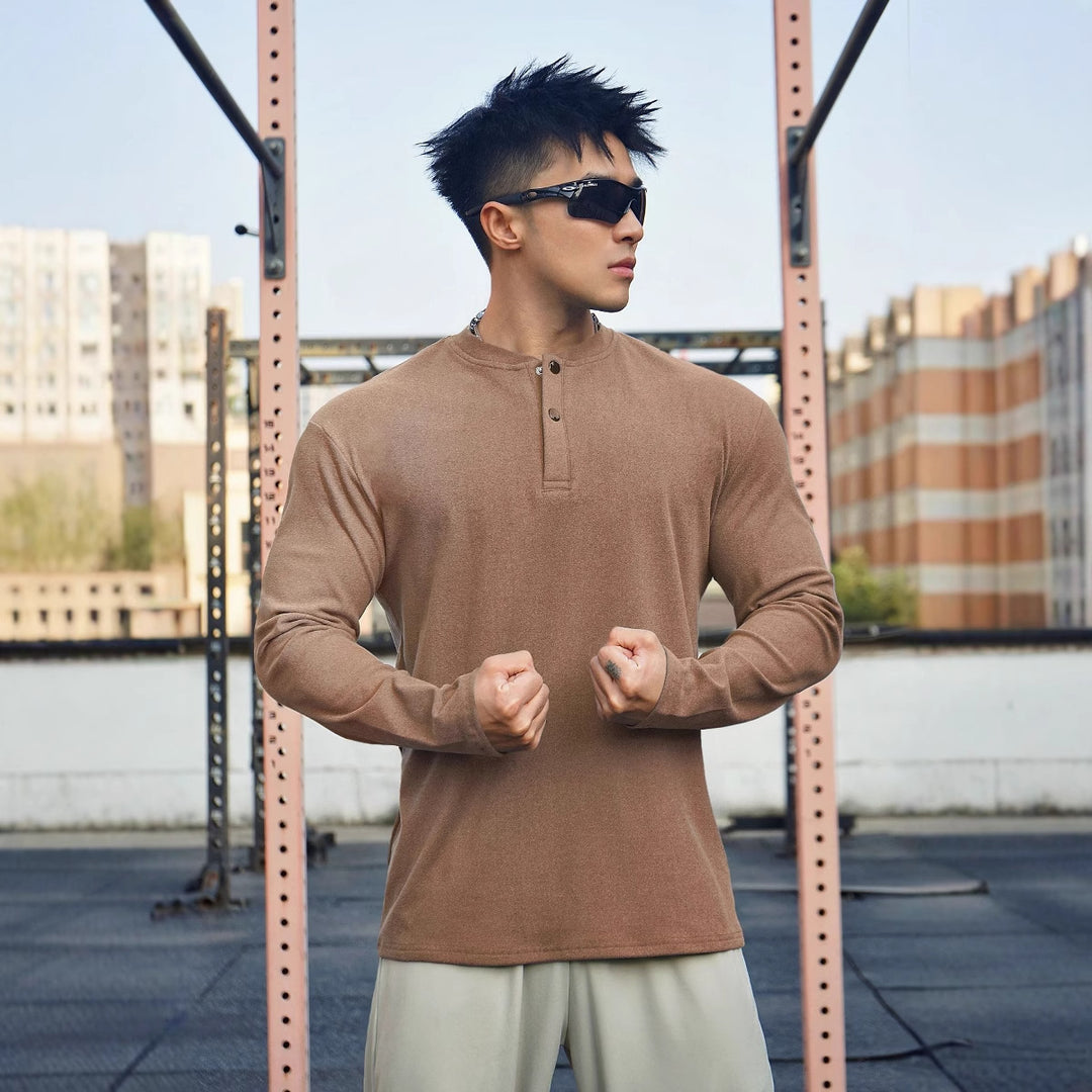 Men's Long Sleeve Henley T-shirt in breathable material with button collar Lune London