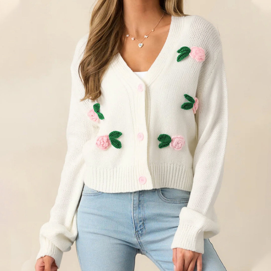 Knit jacket for women with floral appliqués and comfortable button details Lune London