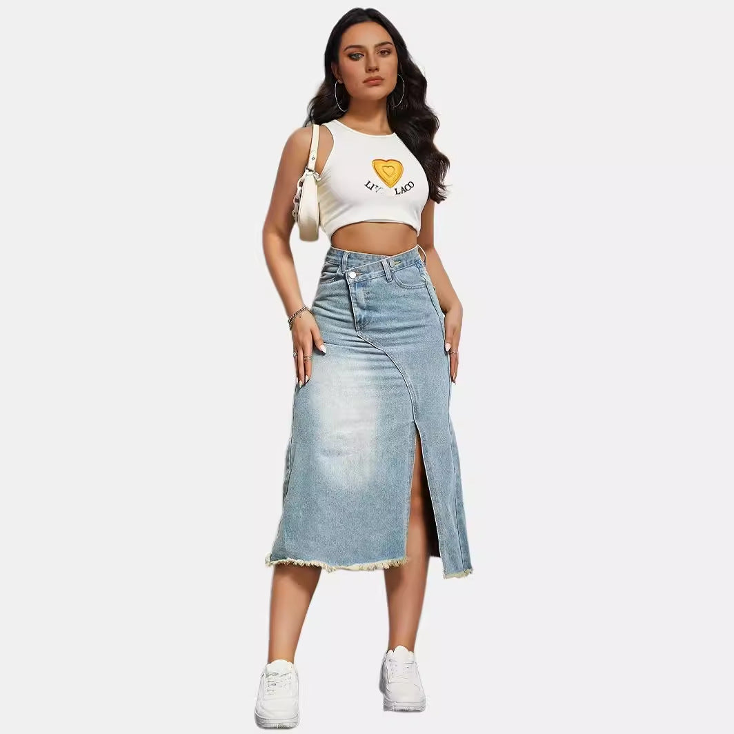 Women's midi denim skirt with high waist and stylish fringe hem