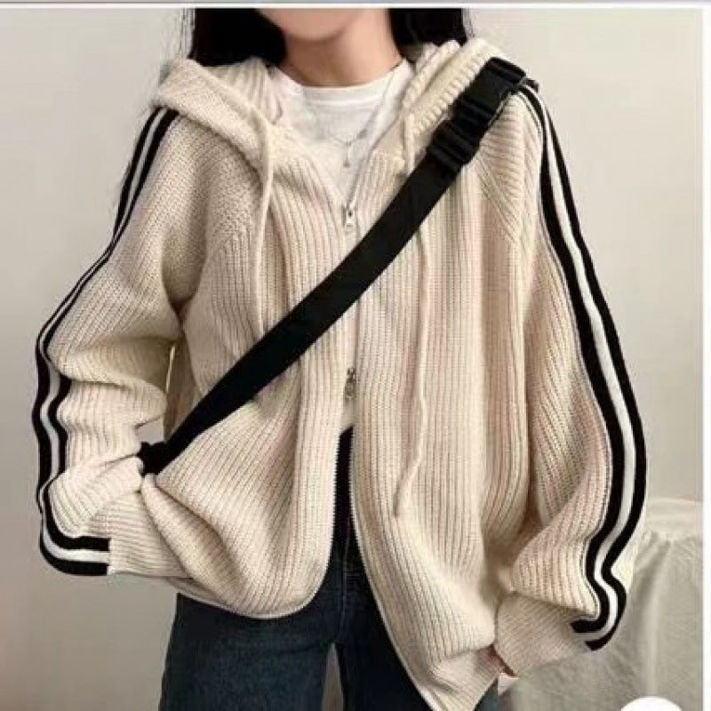Casual knit hooded sweater for women with a deep V-neckline and chic side stripes