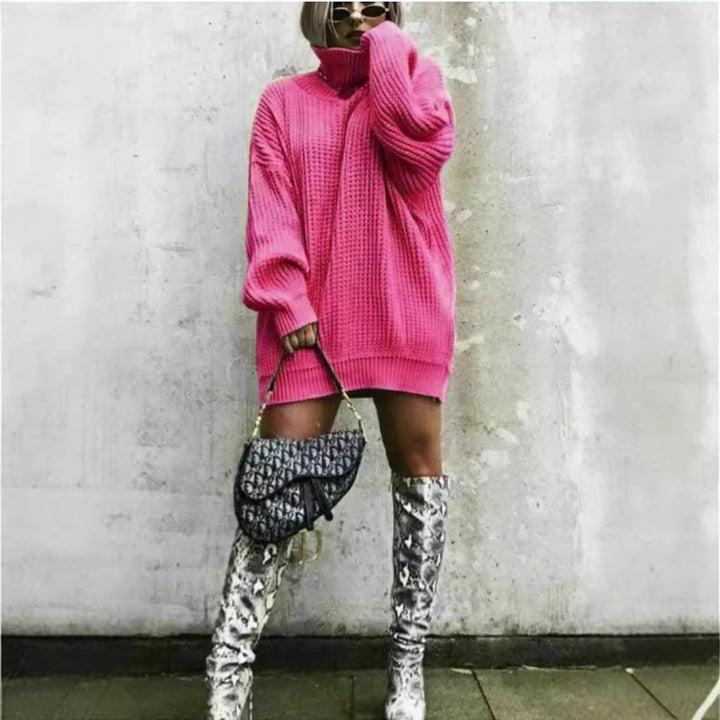 Oversized knit sweater for women with high collar and honeycomb pattern Lune London