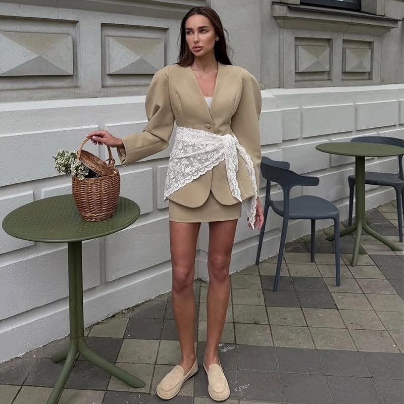 Trendy women's blazer dress with high collar and ruffle details Lune London