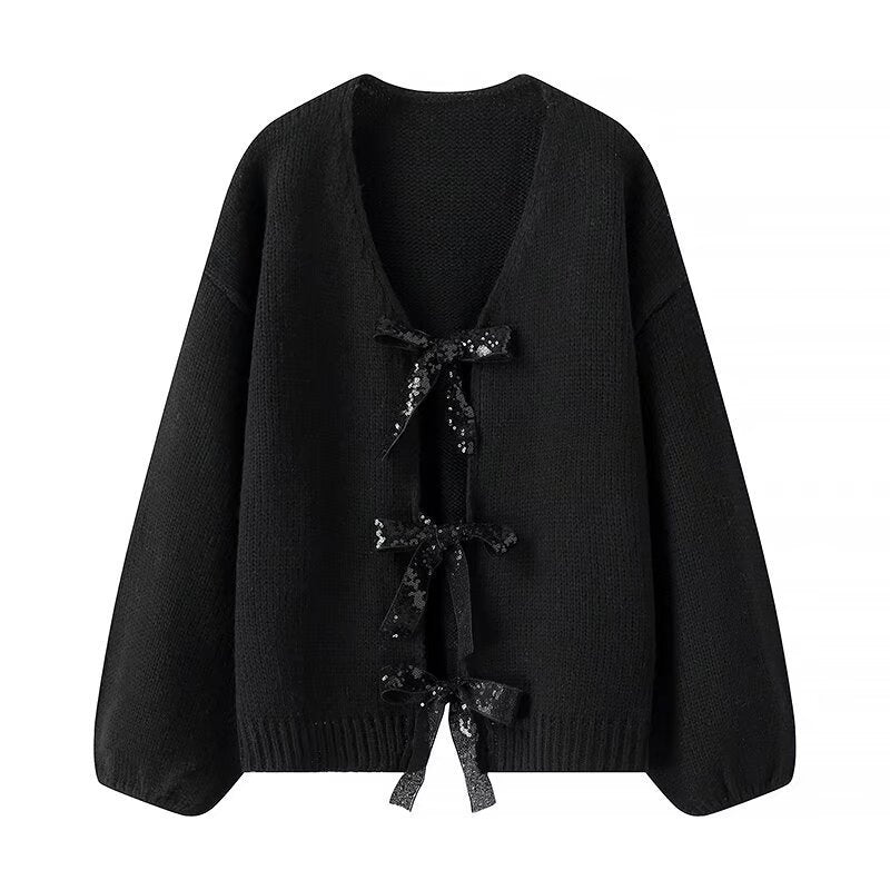 Cardigan en tricot lâche pour femmes avec détails élégants en forme de nœud Chic & Stil