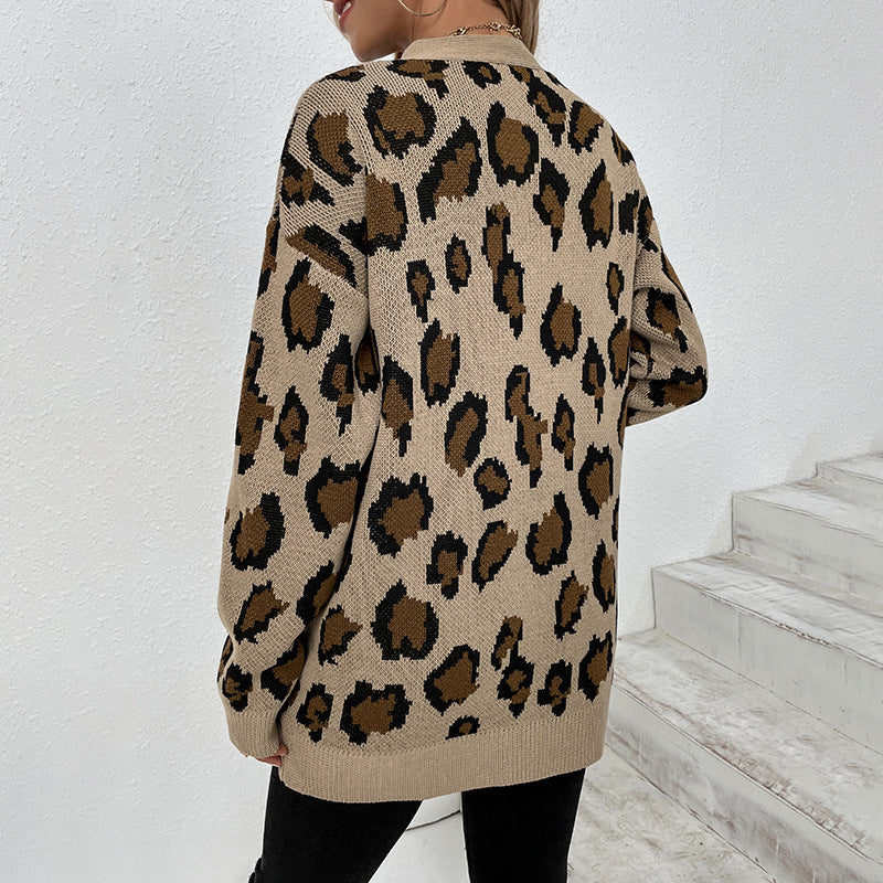 Leopard print knit jacket for women with practical pockets Lune London