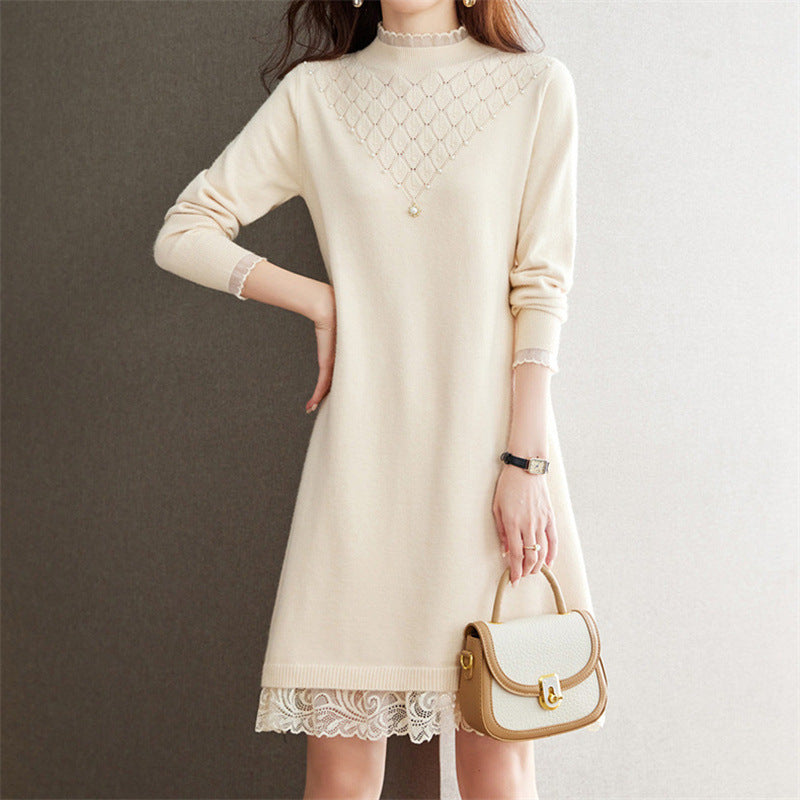 Knit dress for ladies with high collar and lace finish Lune London