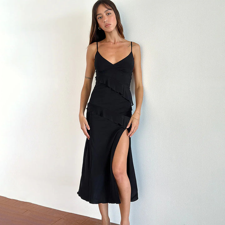 Lune London high slit ruffle midi dress for women