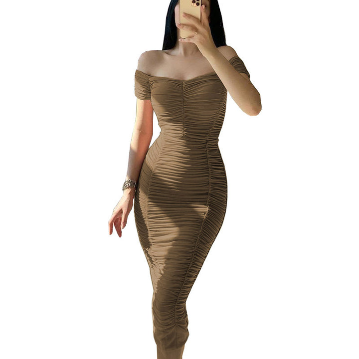 Mini fitted dress for women with Bardot neckline and ruching Lune London