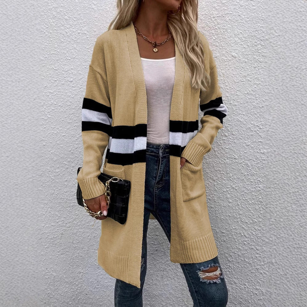 Fashionable striped knit cardigan for women with open front Lune Londonl