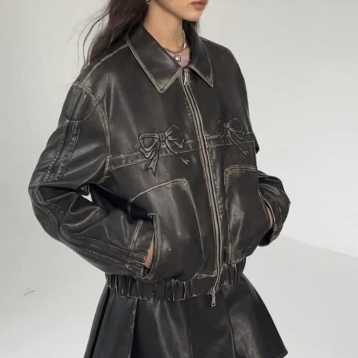 Synthetic leather jacket for women with ruffles and elastic hem Lune London