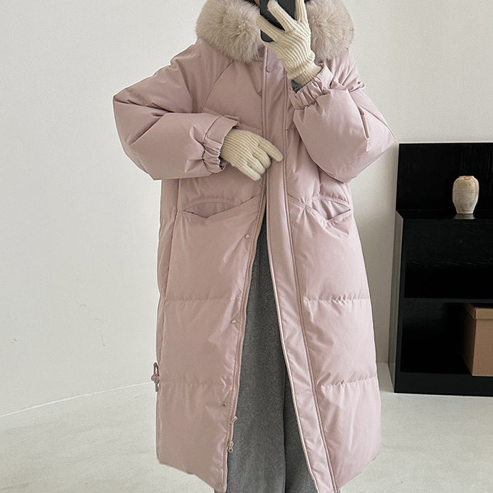 Ladies long winter down jacket with high-quality faux fur collar and practical pockets Lune London
