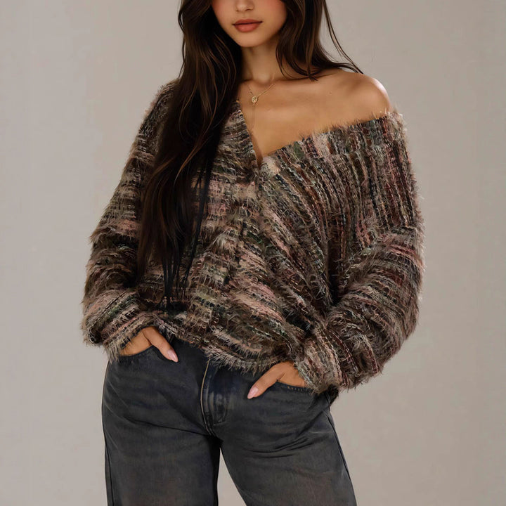 Ladies Plush Pullover with Deep V-neck and Loose Fit Lune London