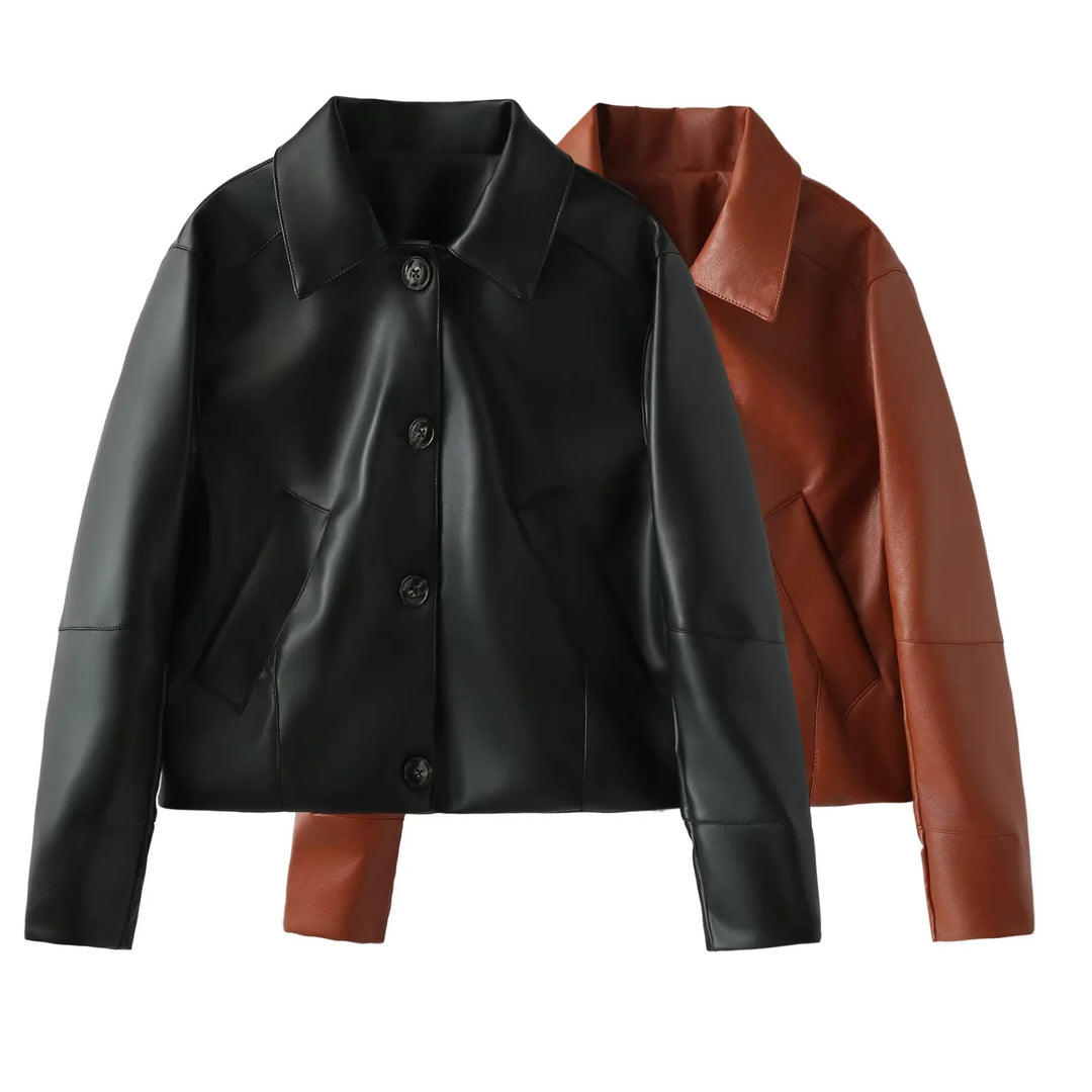 Elegant faux leather jacket for women with a modern silhouette and practical pockets Lune London