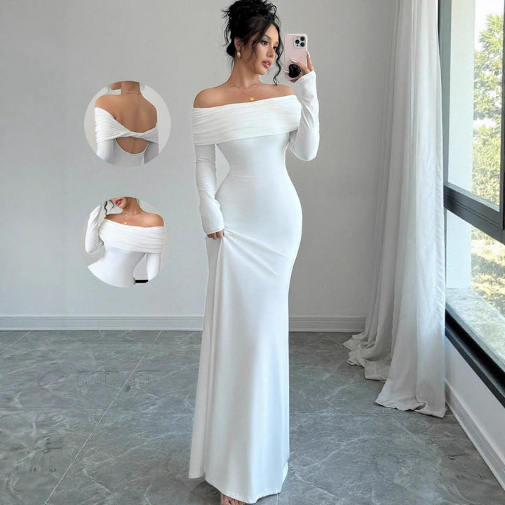 Elegant off-shoulder maxi dress for women with refined details at the back Lune London