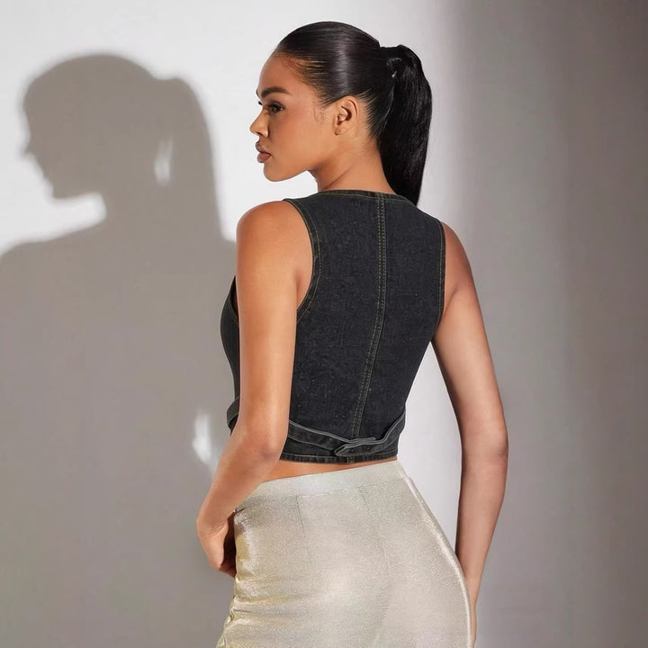 Women's Denim Bustier Top with Button Details and Extended Silhouette Lune London