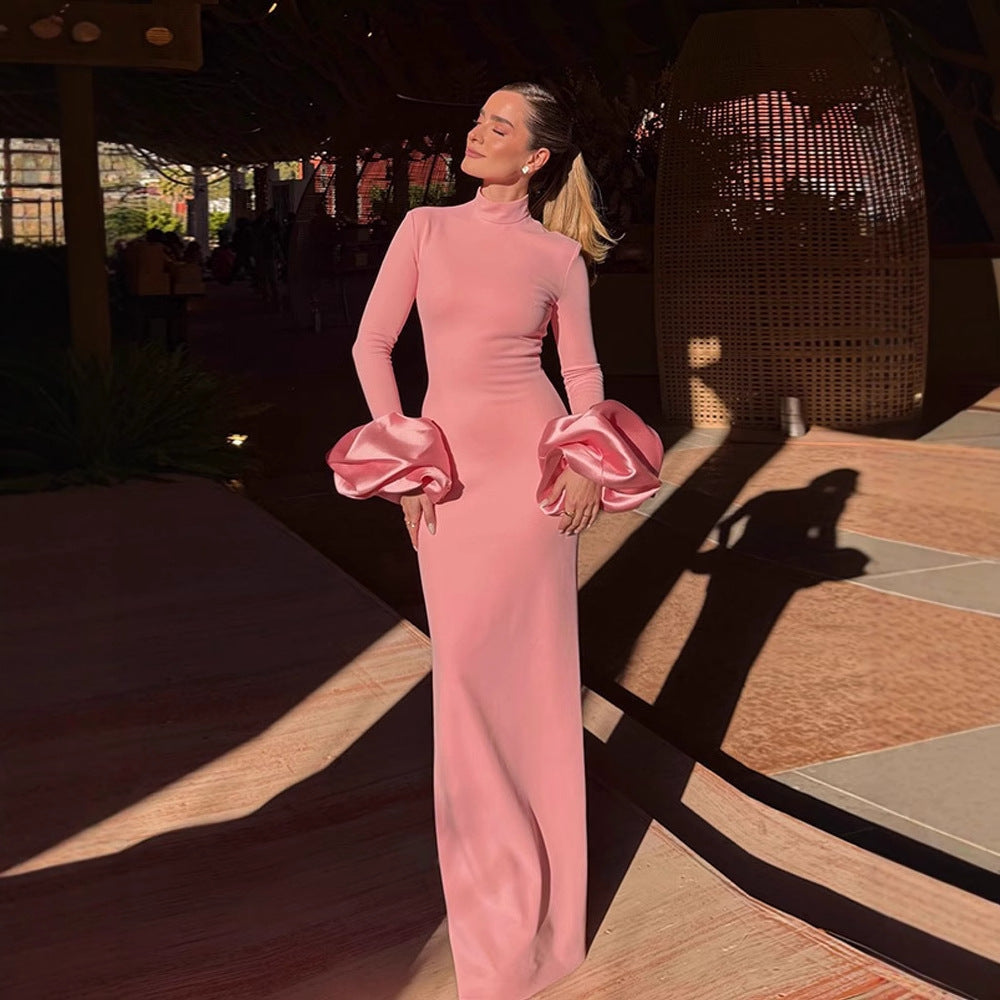 Maxi dress for women with ruffled sleeves and an elegant high neck Lune London