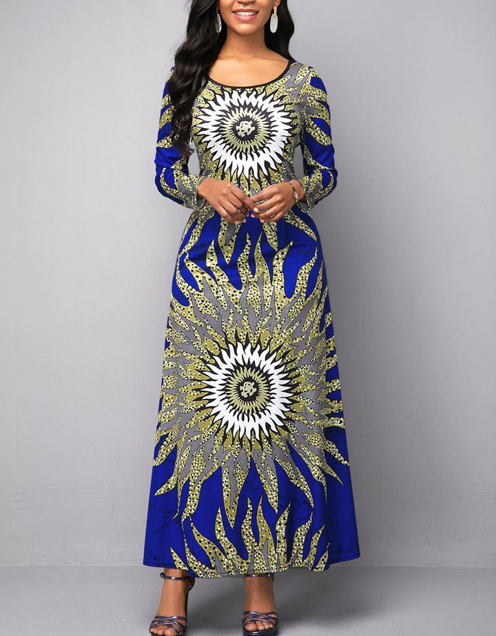 Maxi dress for women with an impressive graphic pattern and a round neck Lune London