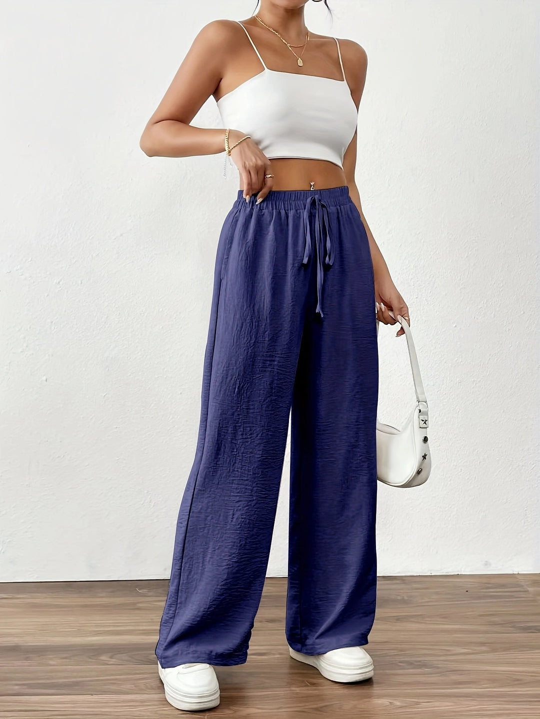 Wide Palazzo pants for women with elastic waistband and adjustable tie cord Lune London