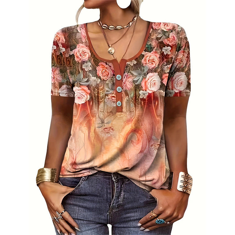 Women short sleeve t-shirt with heart-shaped floral design and button placket Lune London