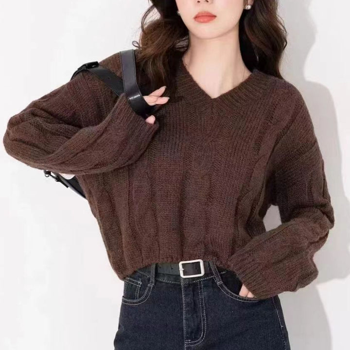 Pull tricoté pour femmes avec motif en tresse et col en V Chic & Stil